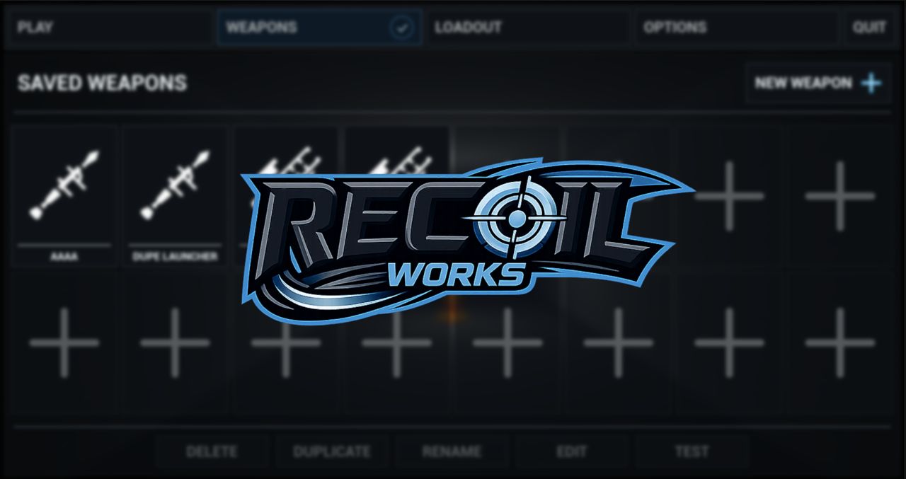The Recoil Works weapon builder showing a grid of saved weapons